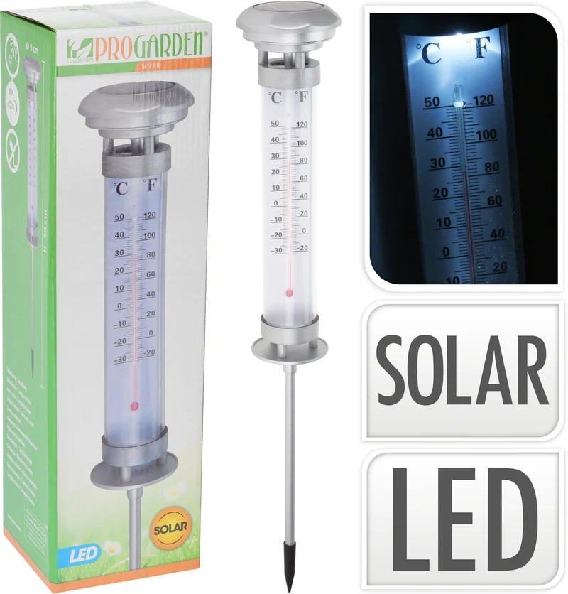 SOLARLAMPE MIT THERMOMETER AUF GARTENSTAB D9 H58CM