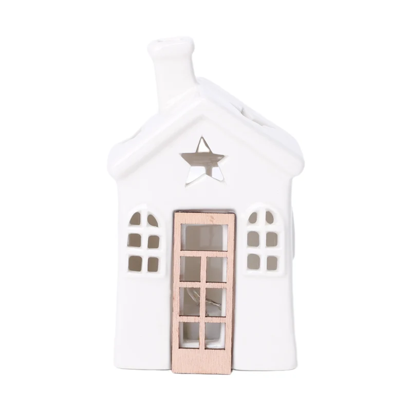 Tischdeko Haus m/LED 8x6x13cm Natur/Weiß