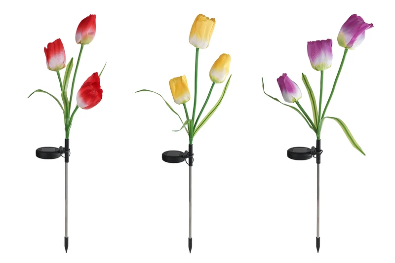 LED-Gartenleuchte „Blume“, solarbetrieben, lila/rot/gelb, 3 Stück, verschiedene Farben, Kunststoff