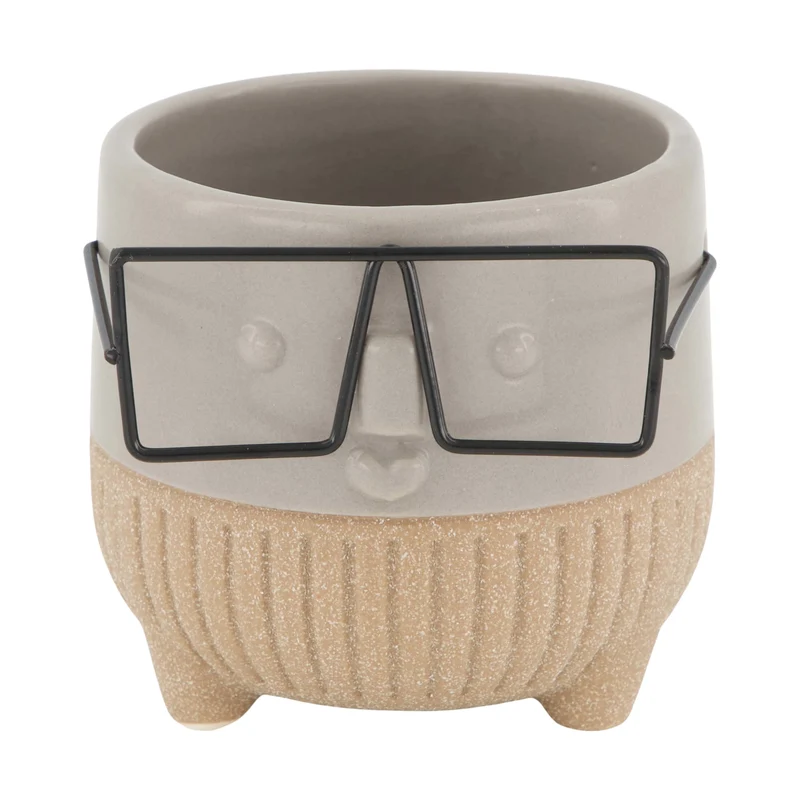 Pflanzgefäß Gesicht mit Brille Keramik 8x8x7,3cm Grau