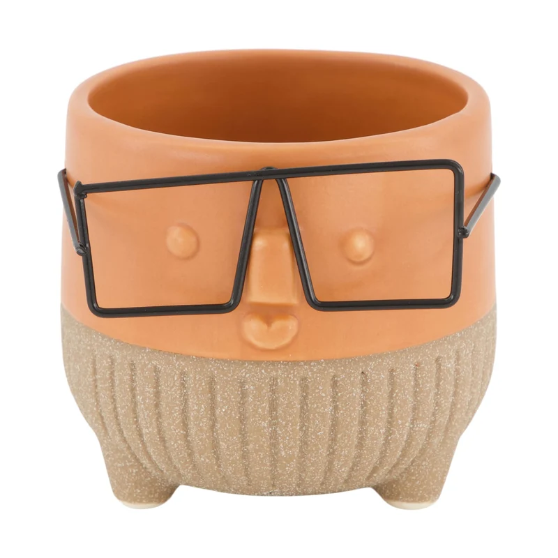 Pflanzgefäß Gesicht mit Brille Keramik 8x8x7,3cm Orange