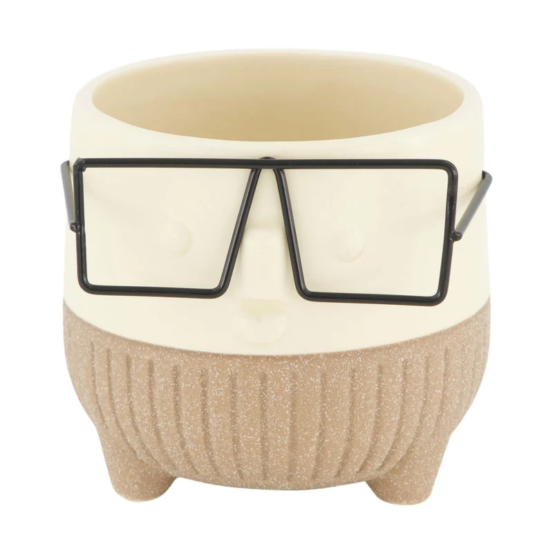 Pflanzgefäß Gesicht mit Brille Keramik 8x8x7.3cm Creme