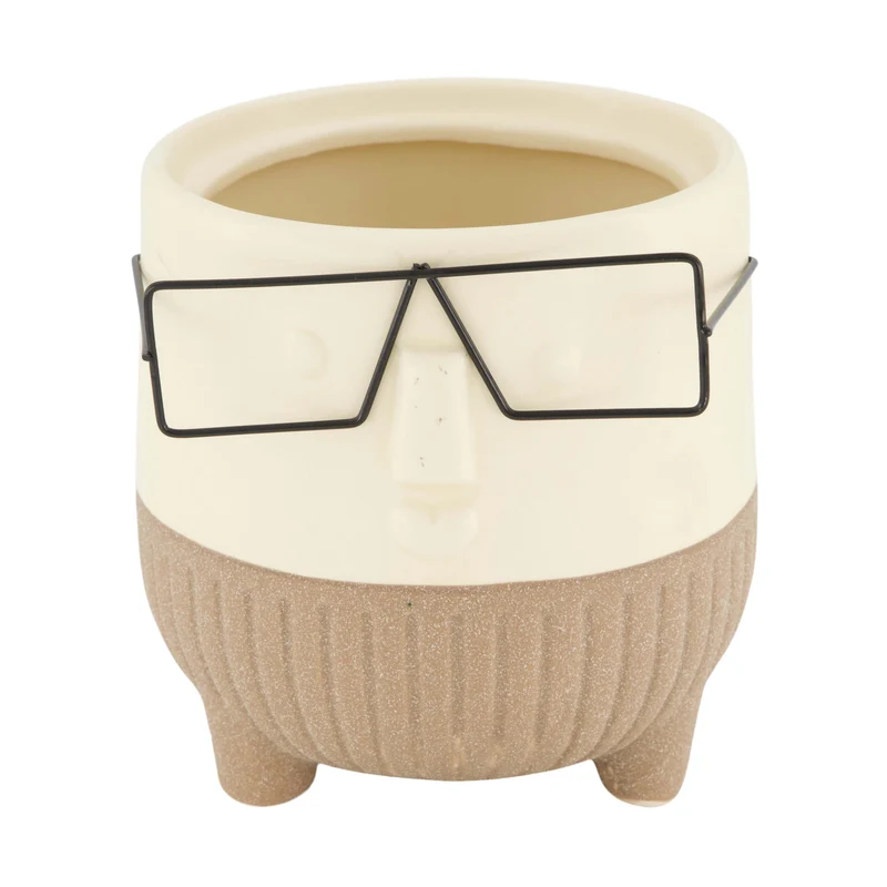 Blumentopf Gesicht mit Brille Keramik 12,5x12,5x13cm Creme