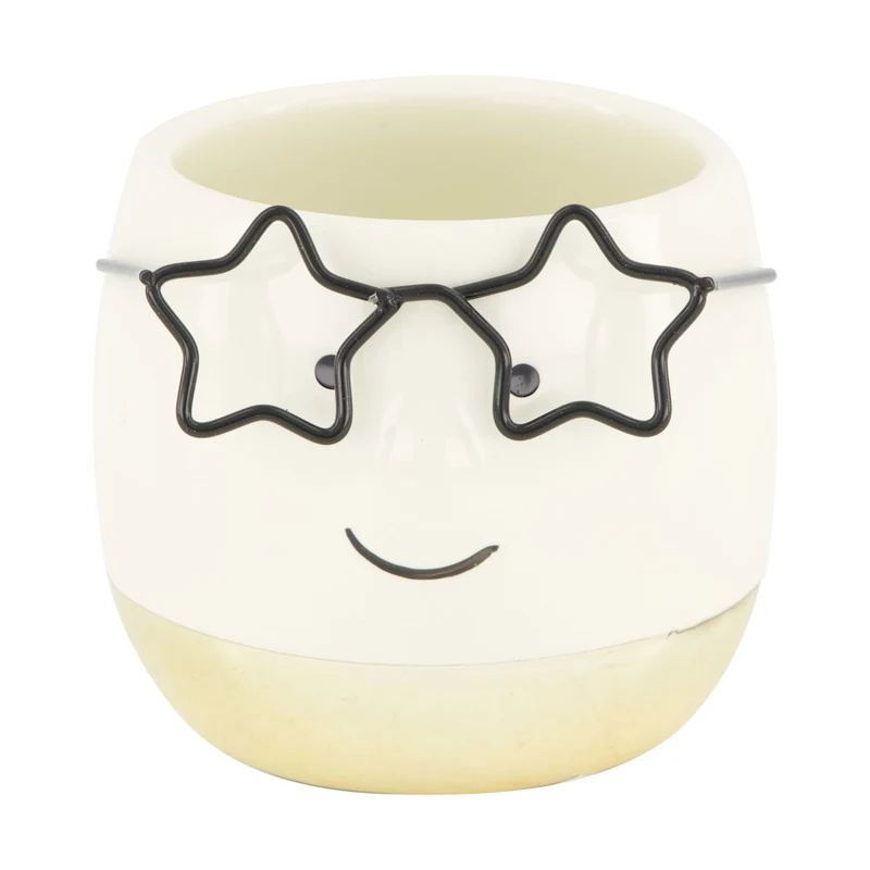 Übertopf Gesicht mit Brille Keramik 7,5x7,5x6,5cm Gold