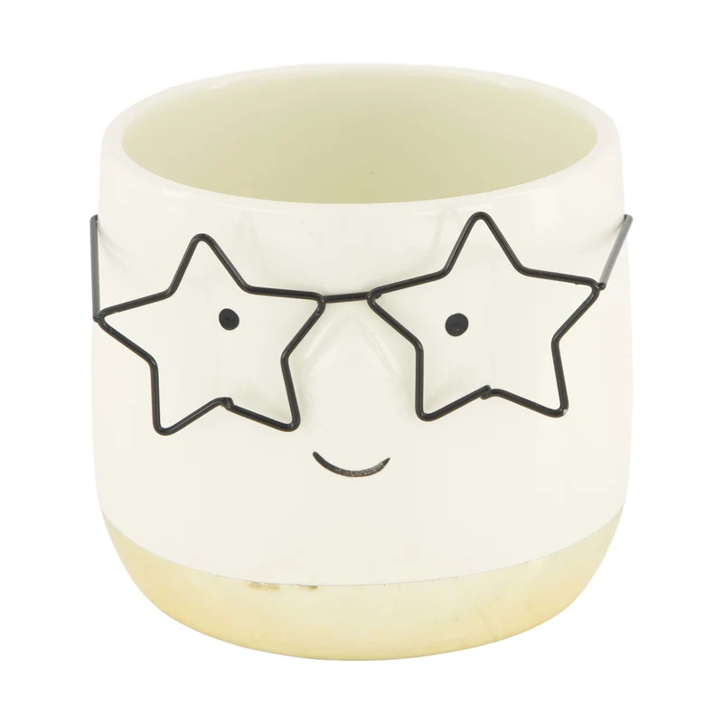 Pflanzergesicht mit Brille Keramik 11,8x11,8x10,5cm Gold