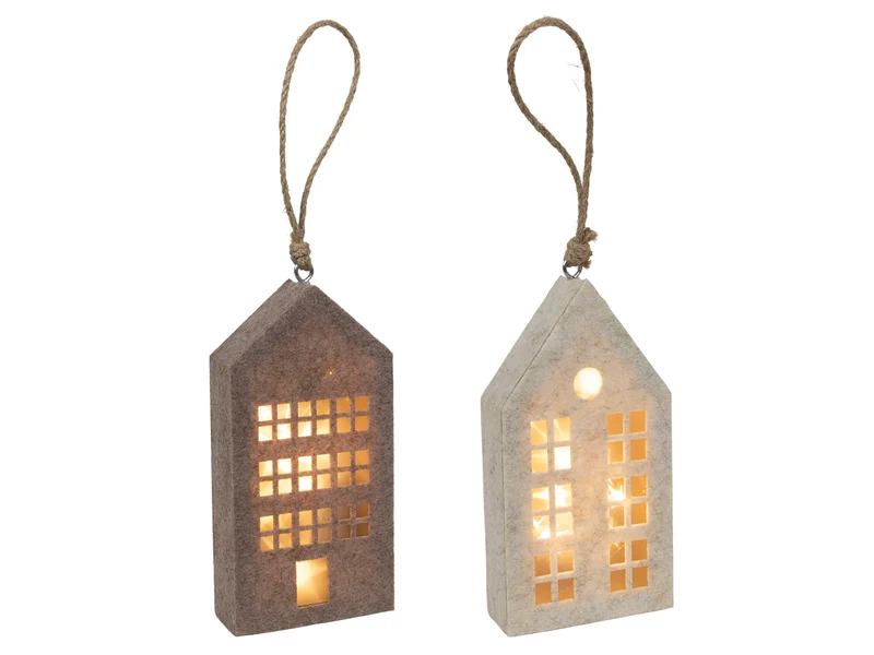 Hausanhänger beige/braun Filz LED 20cm 2-fach sortiert