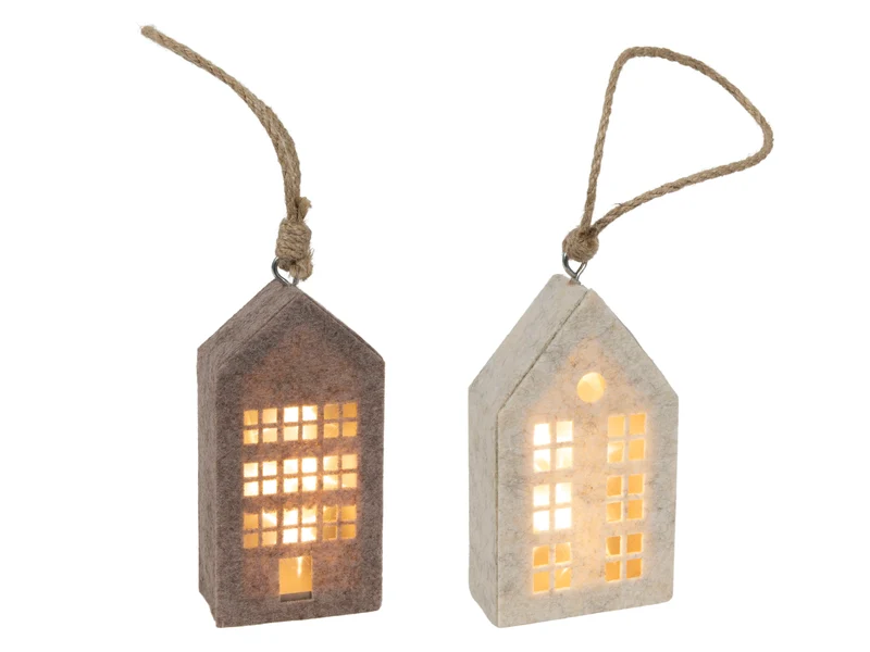 Haus-Anhänger beige/braun Filz LED 14,5cm 2-fach sortiert