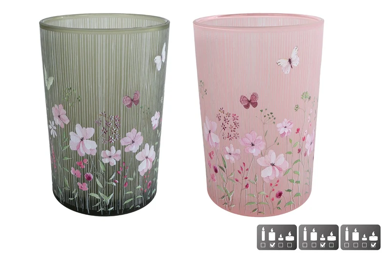 Teelichthalter "Flower Stripe" L rosa/grün 2er-Sortiment Glas 12x12x18cm