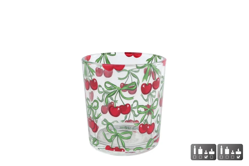 Teelichthalter "Cherries" S rot/grünes Glas 7,5x7,5x8cm