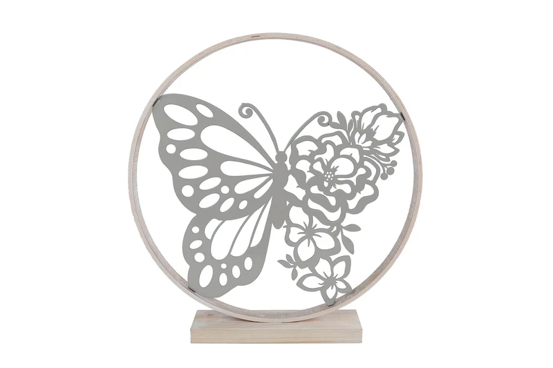 Skulptur "Schmetterling" im Ring, Weißmetall/Holz 36,5x36,5x6cm