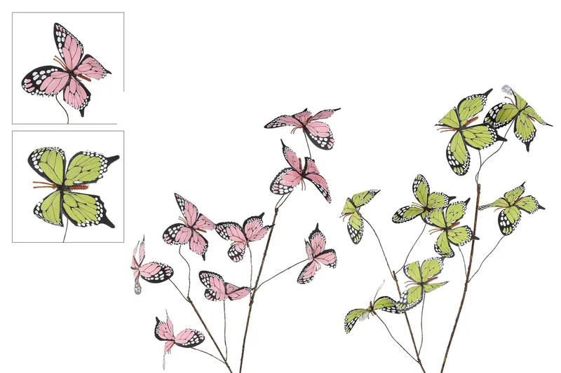 Kunstzweig "Schmetterling" rosa/grün 2-fach sortiert 77cm