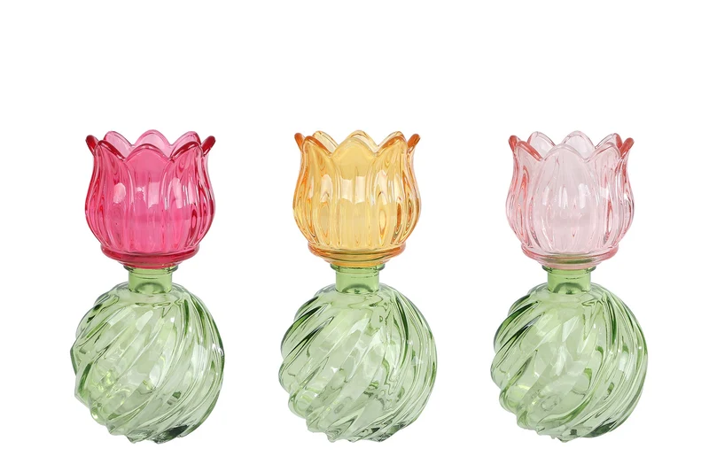 Vase Teelichthalter Glas "Tulpe" rosa/lila/bernstein 3er-Sortiment 10x10x17cm