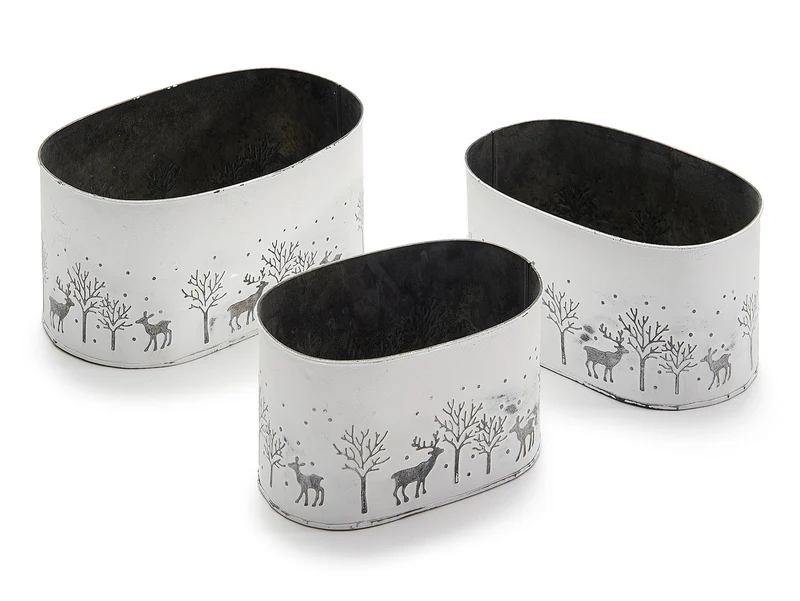 Set/3 Übertöpfe oval 'Hirsch weiß 18+21+25cm Zink
