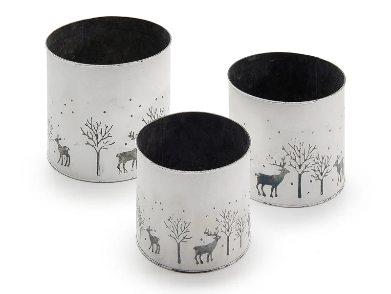 Set/3 Übertopf rund 'Deer weiß 14+16+18cm Zink
