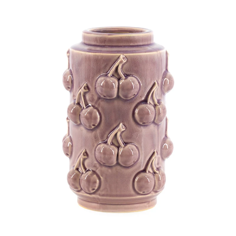 Steingutvase, Kirschen, lila, 14,5 x 14,5 x 22,5 cm