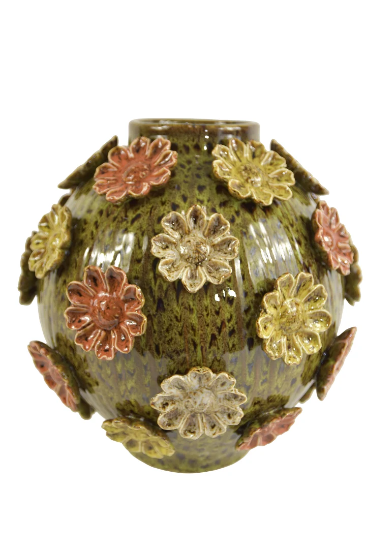 Kugelvase mit Blumen, Durchmesser 33 cm, Höhe 35 cm, grün/mehrfarbig