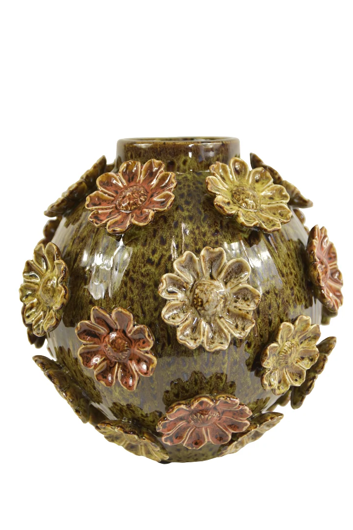 Kugelvase mit Blumen, Durchmesser 30 cm, Höhe 30 cm, grün/mehrfarbig