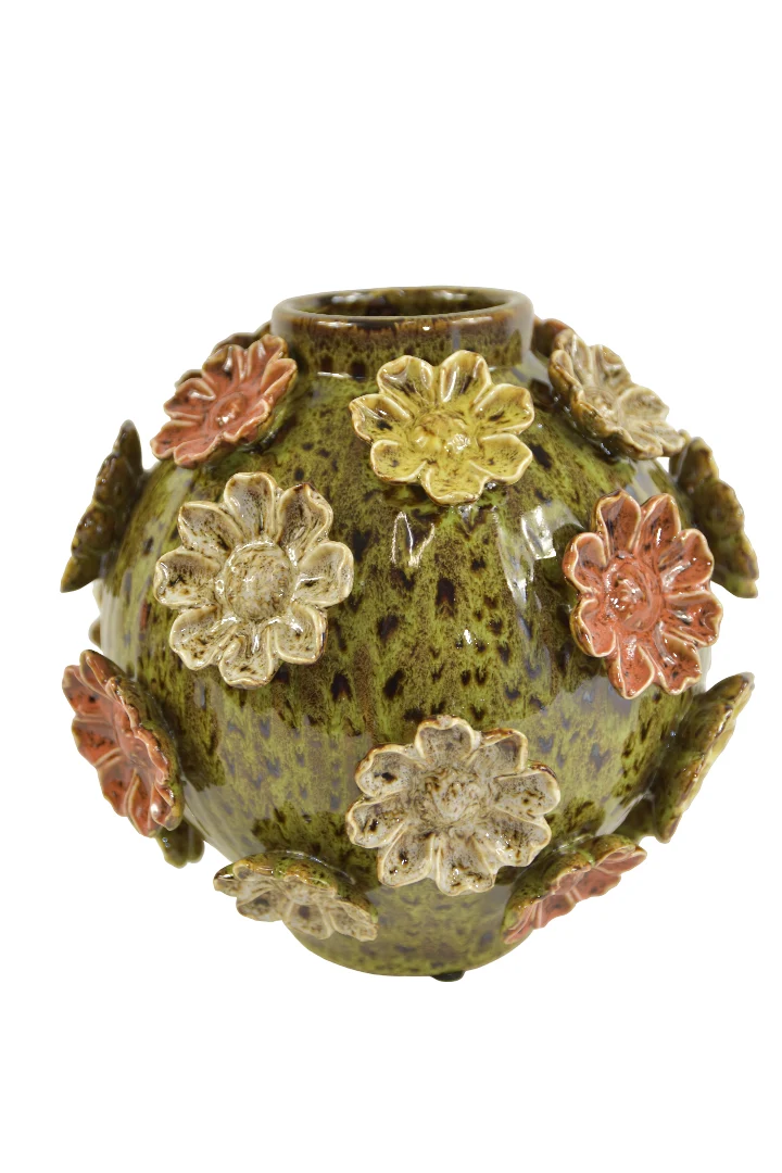 Kugelvase mit Blumen, Durchmesser 24 cm, Höhe 25 cm, grün/mehrfarbig