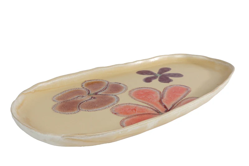 Tablett „Margje“ L, Blumenmuster, beigefarbenes Steingut, 37,5 x 18,5 x 2 cm