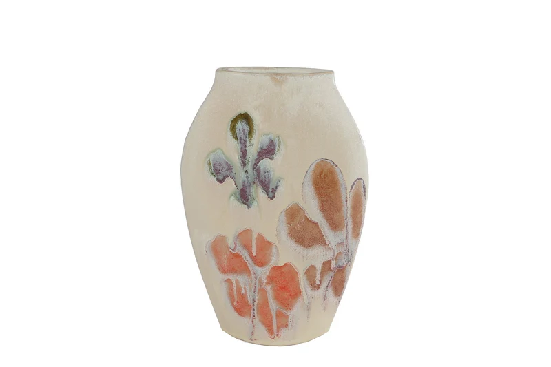 Vase „Margje“ S, Blumenmuster, beigefarbenes Steingut, 24,5 x 6,5 x 31 cm