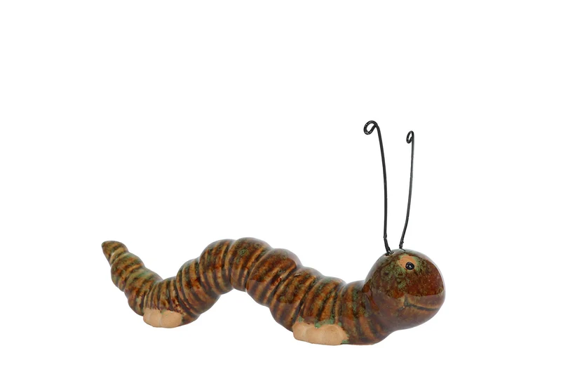 Skulptur „Raupe“, braun/grünes Steingut, 15 x 3,5 x 6 cm