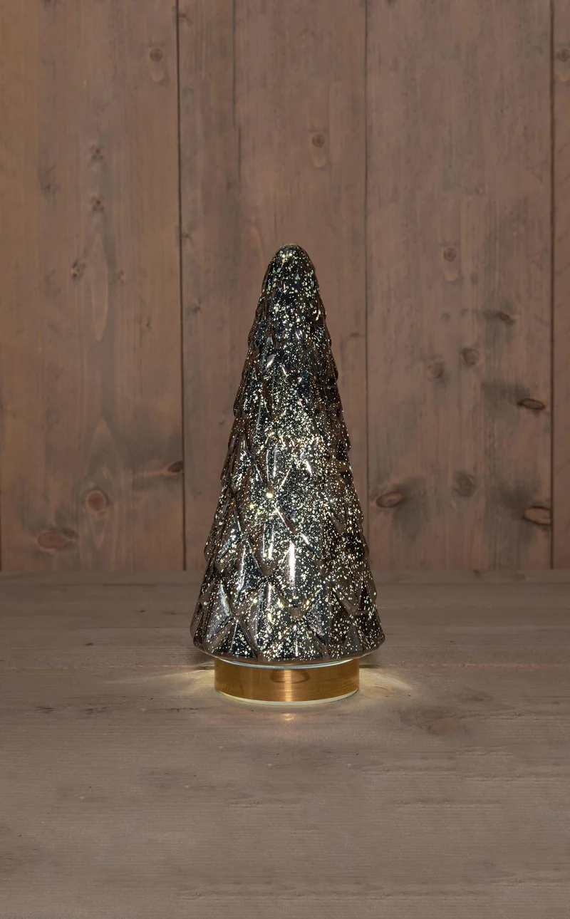 GLAS-WEIHNACHTSBAUM MIT 10 LED-LICHTERN, BATTERIEBETRIEBEN, MIT TIMER, 28,5 X 13 CM, ANTHRAZIT