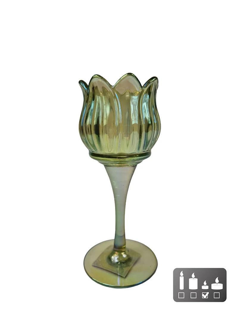 Teelichthalter „Tulpe“, glänzend grünes Glas, 7 x 7 x 16 cm