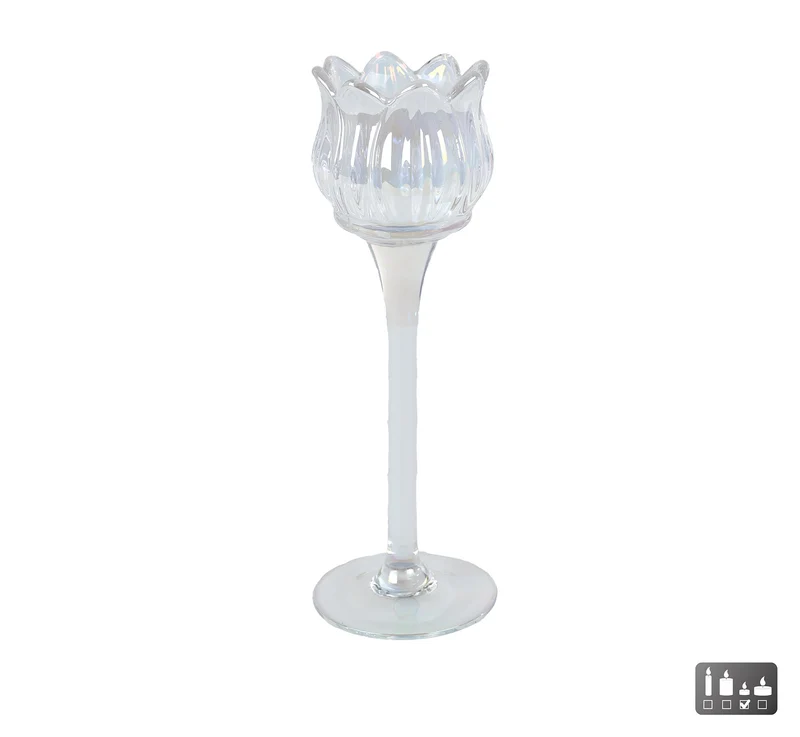 Teelichthalter „Tulpe“ aus perlmuttfarbenem Glas, 7 x 7 x 22 cm