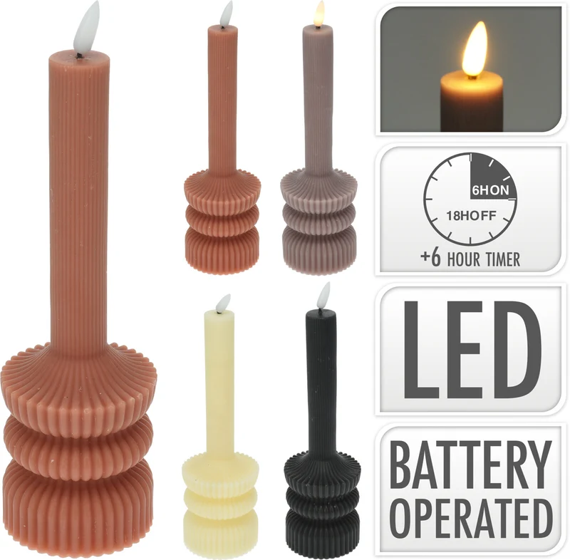LED-Kerze D7 H22cm gerippt, 4 Farben sortiert, exkl. 2x AAA-Batterien