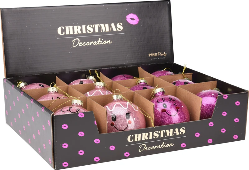 Weihnachtskugel aus Glas, Ø 8 cm, Gesicht, Rosa/Fuchsia, 4er-Set
