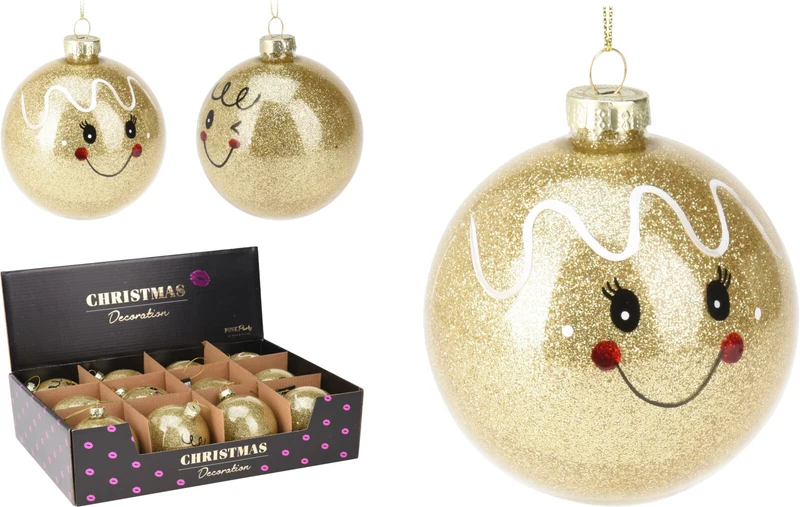 Weihnachtskugel aus Glas, Ø 8 cm, Gesicht, Gold, 2er-Set, sortiertes Design