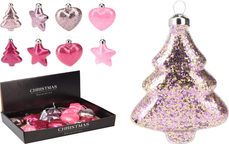 GLASORNAMENT 8X3X8CM, 12ER-SET, VERSCHIEDENE DESIGNS, ROSA-PARTYFARBEN