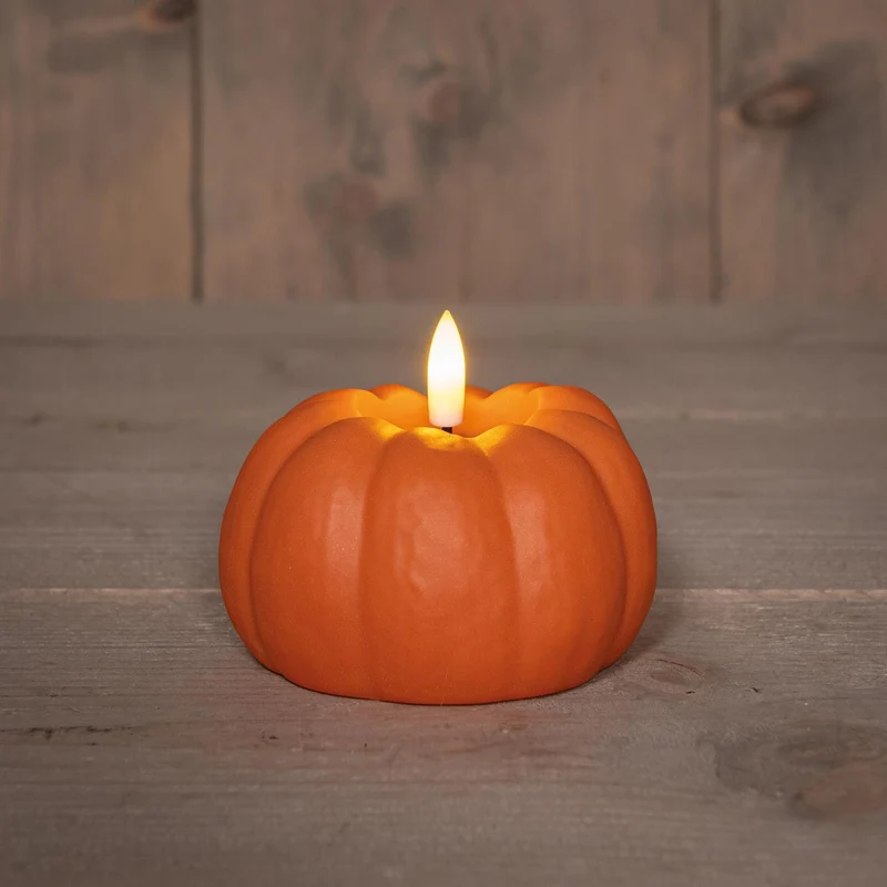LED-Kürbiskerze mit 3D-Flamme, batteriebetrieben, mit Timer, 6 x 10 cm, orange