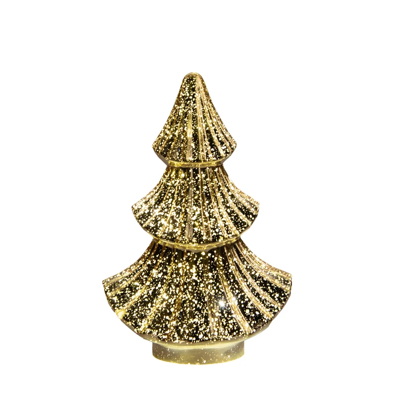 Weihnachtsbaum aus Glas mit 10 LEDs, 3x AAA Batterien, Timer, 15,5 x 9,5 x 24 cm, metallisch gold.
