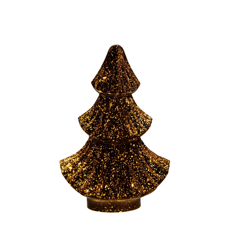 Weihnachtsbaum aus Glas mit 10 LEDs, 3x AAA Batterien, Timer, 15,5 x 9,5 x 24 cm, metallic-bronze.