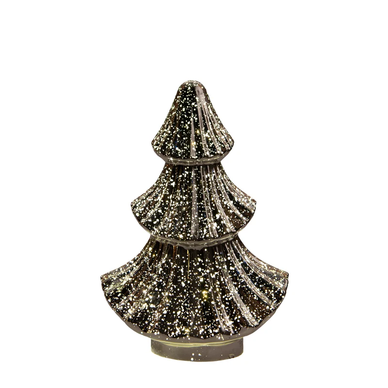 Weihnachtsbaum aus Glas mit 10 LEDs, 3x AAA Batterien, Timer, 15,5 x 9,5 x 24 cm, metallic anthrazit.