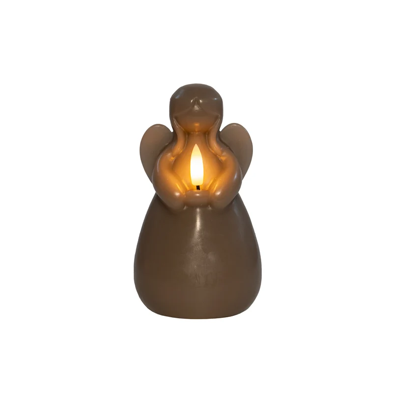 LED-Kerze Engel aus Wachs mit 3D-Flamme, batteriebetrieben, mit Timer, D8,5 x H14,5 cm, taupe