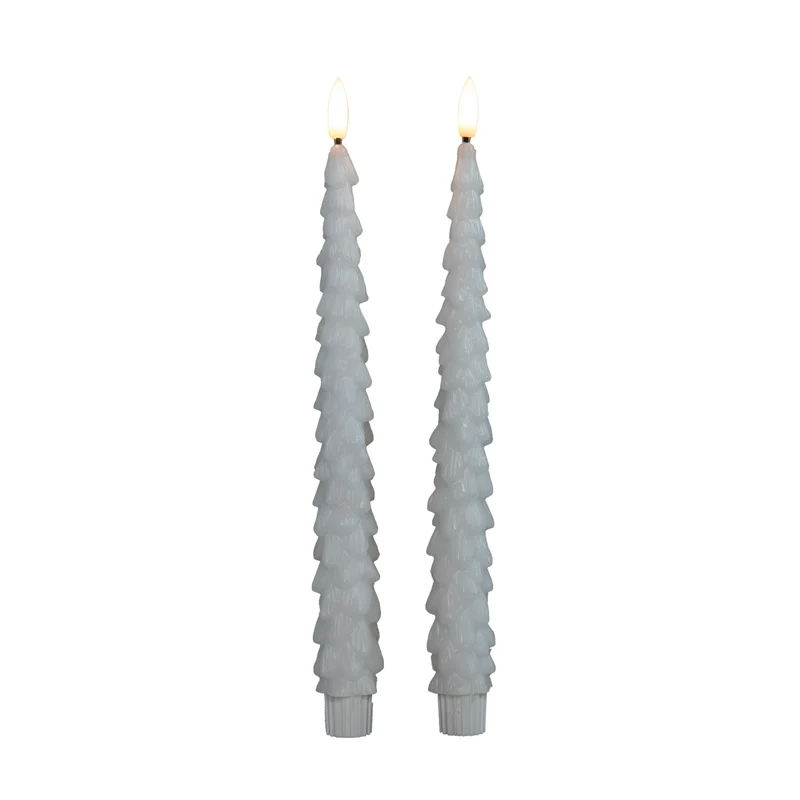 DINNERKERZE WEIHNACHTSBAUM WACHS 3D FLAMME AUF 2X2AAA BATTERIEN MIT FERNBEDIENUNG 27CM WEISS 2 STÜCK