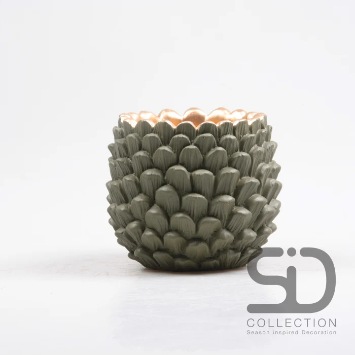 Blumentopf mit Tannenzapfenmuster, Zement, 16 x 16 x 14 cm, olivgrün