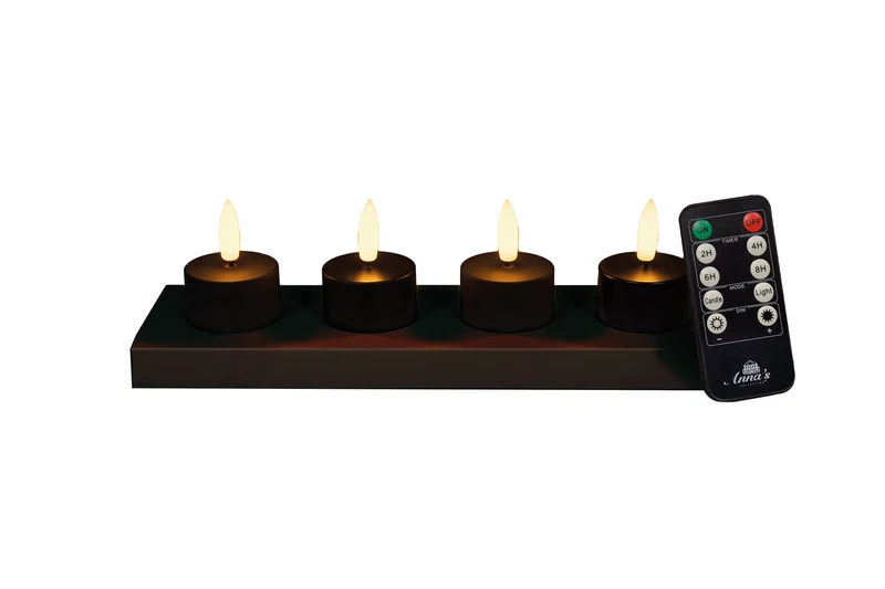 Wiederaufladbare 3D-Teelichter mit Docht, Fernbedienung und Ladestation, Durchmesser 3,8 cm, Höhe 5 cm, Schwarz, 4er-Set
