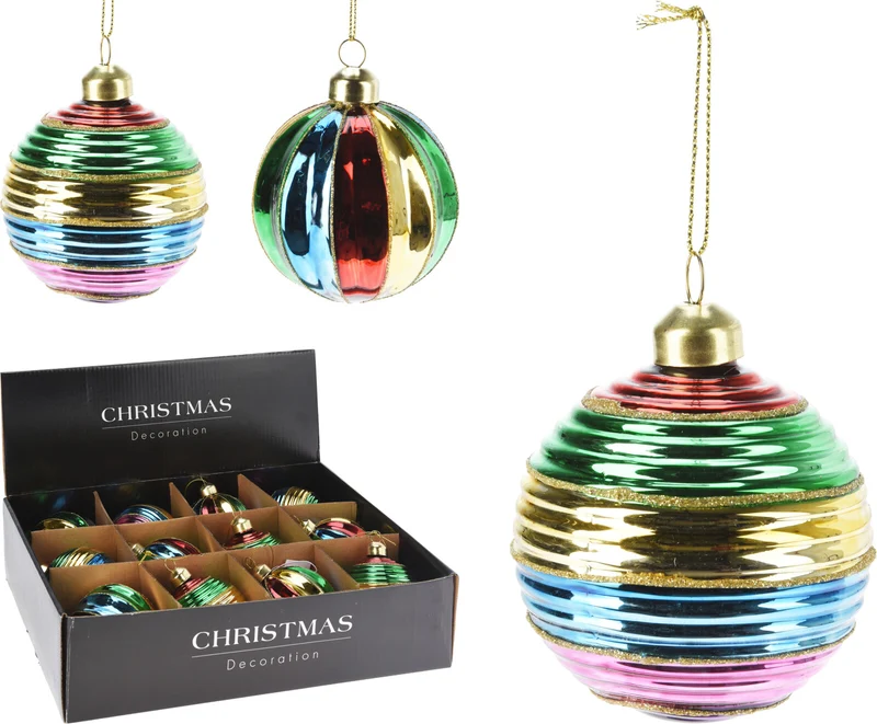 Weihnachtskugel aus Glas, Ø 8 cm, mehrfarbig gestreift, 2er-Set