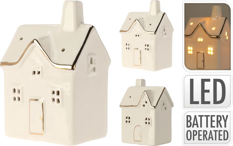 HAUS MIT LED-BELEUCHTUNG, PORZELLAN, WEISS, 8X6X12CM, 4ER-SET, INKL. 3X LR44-BATTERIEN