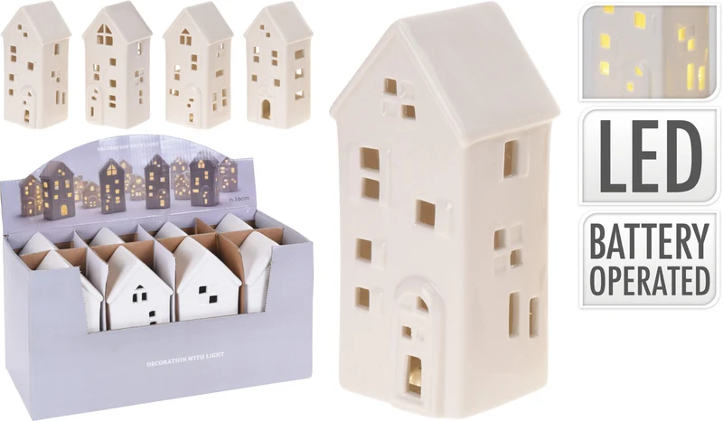 HAUS MIT LED-BELEUCHTUNG, PORZELLAN, WEISS, 7,5X6,5X16CM, 4ER-SET, INKL. 2X LR44-BATTERIEN