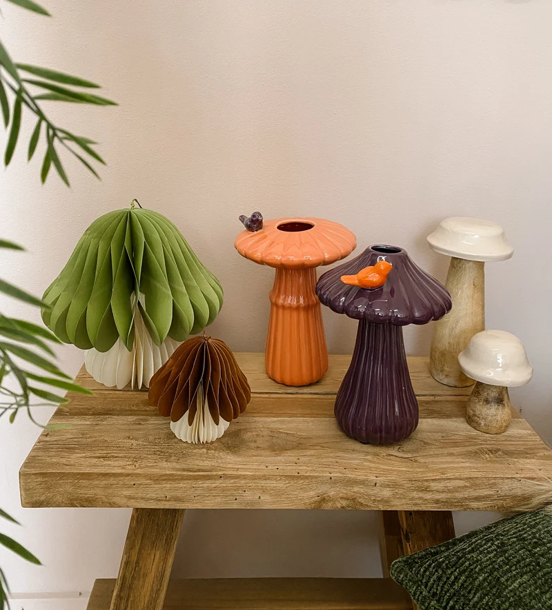 Pilz aus Mangoholz, D10 H20cm, 2er-Set, grün/beige sortiert