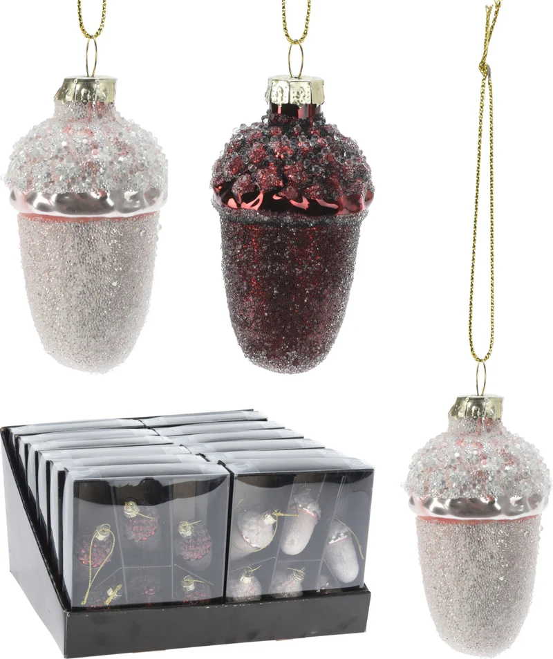 Eichel-Hängedeko-Glas-Set, 6 Stück, D4 H6,5cm, Rosa/Bordeaux, sortiert
