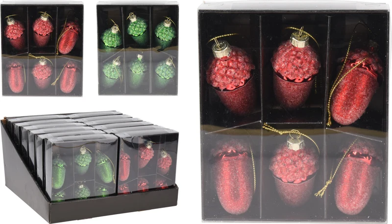 Eichel-Hängedeko-Glas-Set, 6 Stück, D4 H6,5cm, rot-grün sortiert