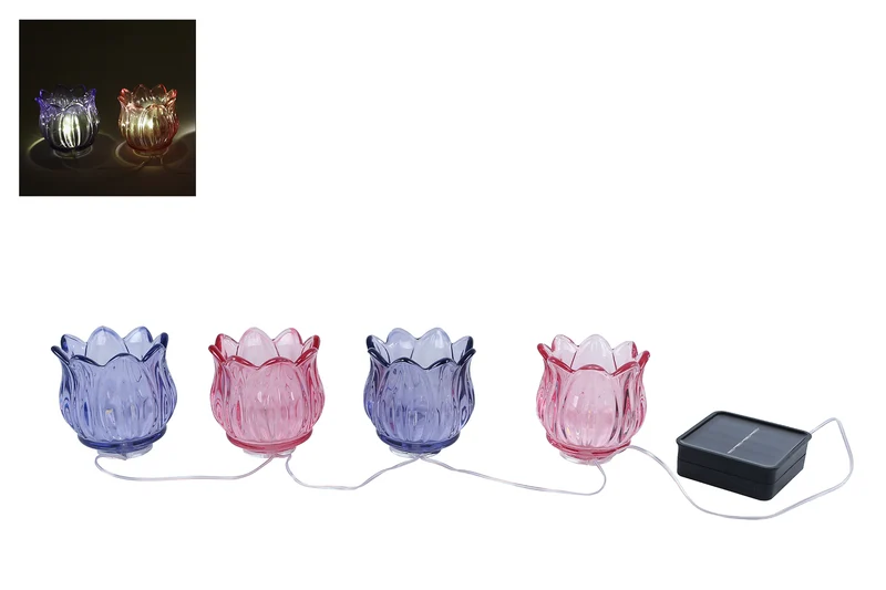LED-Lichterkette "Tulpe" 4x Solar, lila/rosa Glas, 1x1,2V AA-Batterie, 35x15x7cm