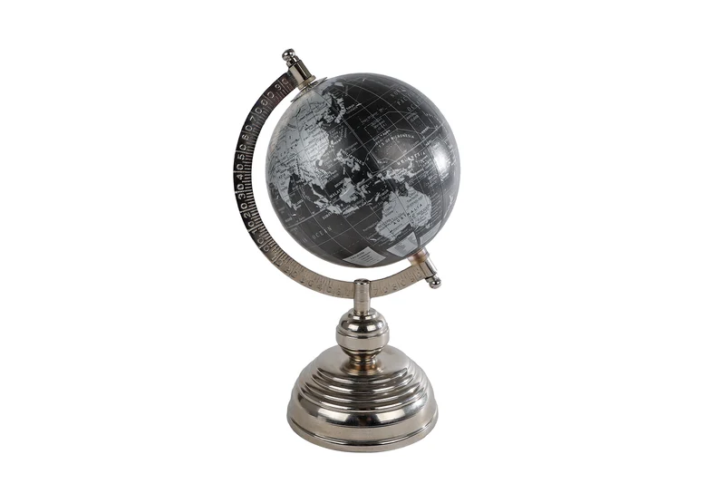 Weltkugel "World" schwarz/silber Holz/Metall 11x12x25cm