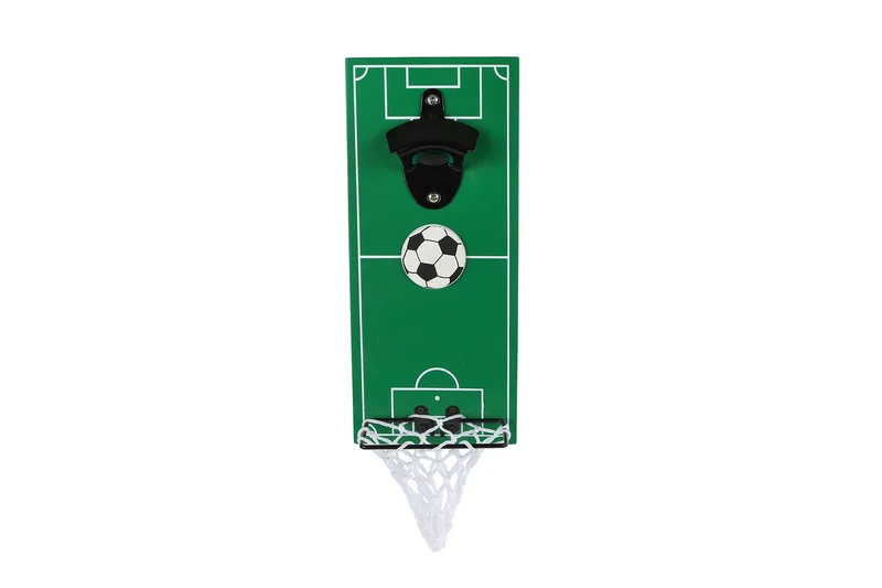 Bieröffner „Fußball“, grünes Holz/Metall, 12 x 28 x 7 cm