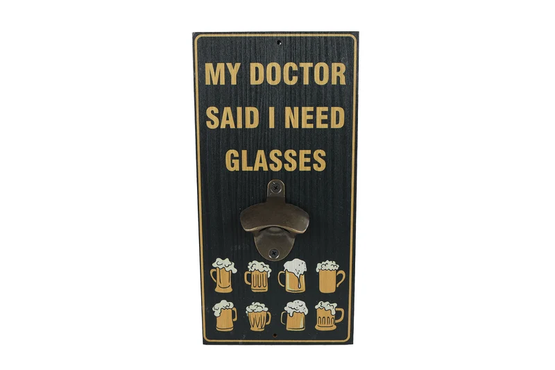 Bieröffner „My Doctor“, schwarzes Holz/Metall, 30 x 15 x 5 cm